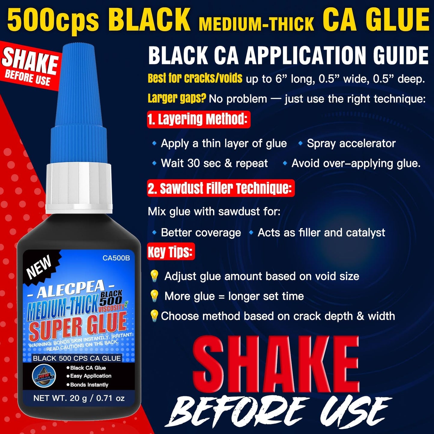 20g Black Medium-Thick CA Glue (500 CPS),Premium Cyanoacrylate Super Glue for Wood, Glass, Metal, Paper, Leather, Plastic, Ceramic, Rubber, Jewelry, Woodworking, Hobby Models, and Craft Project