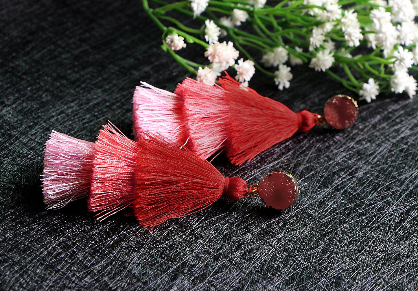 Me&Hz Red Layered Fashion Tassel Earrings Dangle Drop Bohemian Statement Earring for Women Red Ombre Fringe Crystal Studs Christ
