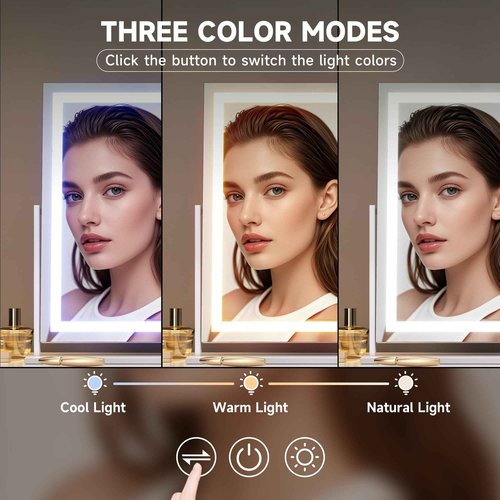 Hasipu Vanity Mirror with Lights, 23.6" x 18.1" LED Makeup Mirror, Light up Mirror with Smart Touch 3 Colors Dimmable, Brightness Adjustment, 360° Rotation (White)