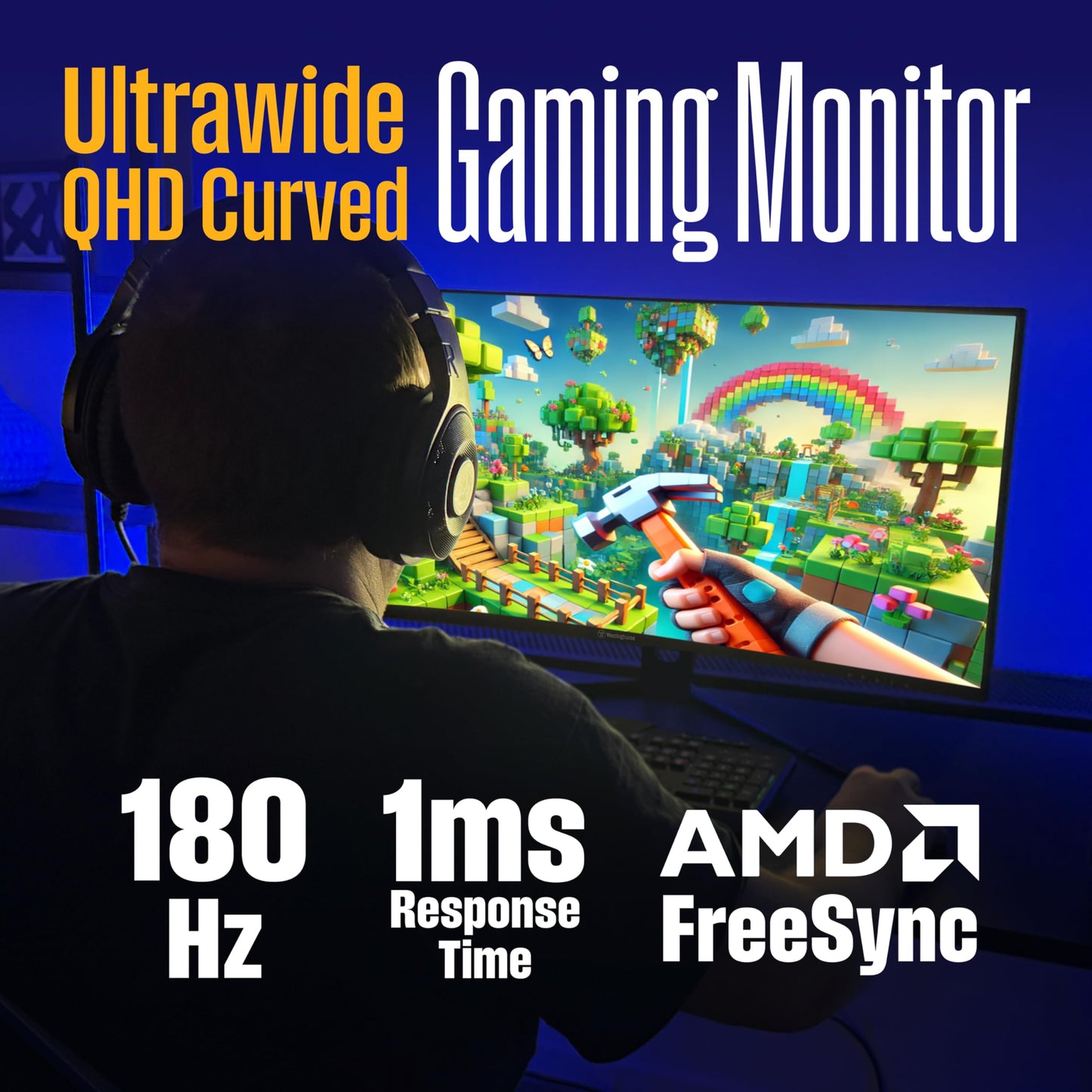 Westinghouse 34 Inch Curved Gaming Monitor, 2K Ultra-WQHD(3440x1440P), AMD FreeSync Premium, 3000:1 Contrast Ratio, 122% sRGB, 180Hz, 1ms, 1500R, Eyecare, Built-in Speakers, DisplayPortx2, HDMIx2