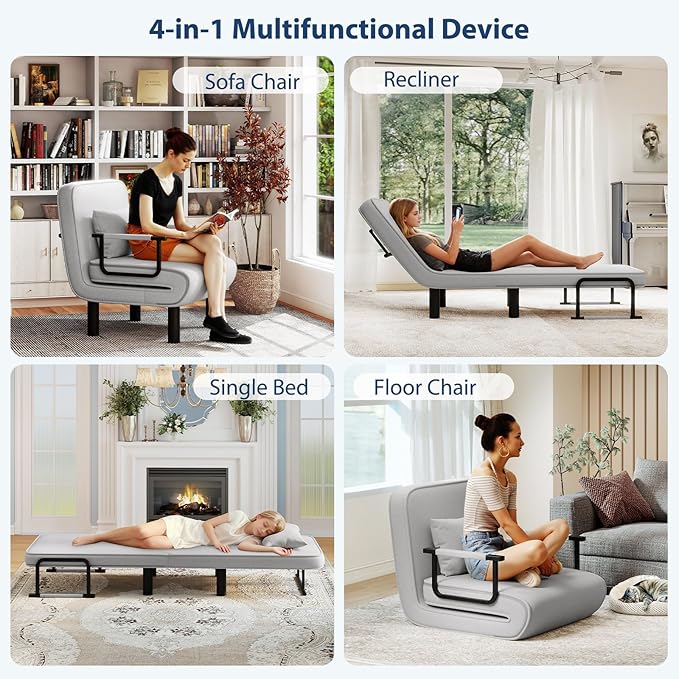 Furniliving 4 in 1 Folding Sofa Bed Chair, Convertible Sleeper Chair Bed with 6-Position Adjustable Backrest, Upholstered Chaise Lounge with Pillow, Accent Chairs for Bedroom/Office, Linen, LightGrey