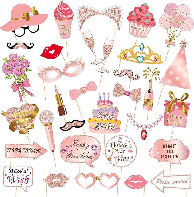 Birthday Decorations, Tumwisk 33PCS Birthday Photo Booth Props, Rose Gold Happy Party Decorations for Women, Glitter Selfi...