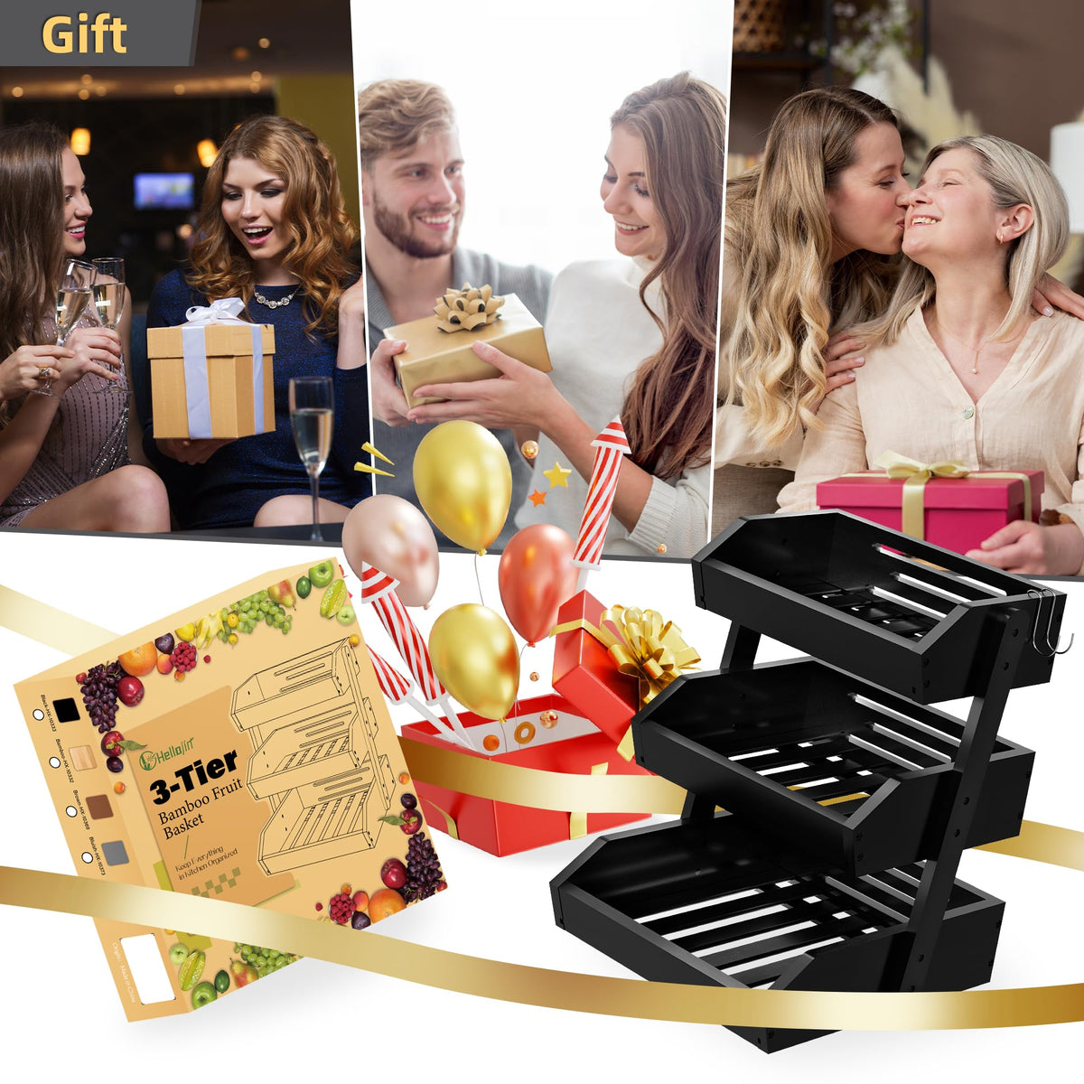 Bamboo 3 Tier Fruit Basket For Counter With Two Banana Hook, Fruit And Vegetables Basket, Large Capacity Wood Fruit Bowls, Fruit Organizer For Kitchen Counter, Onion Storage, Bread Pantry (Black)