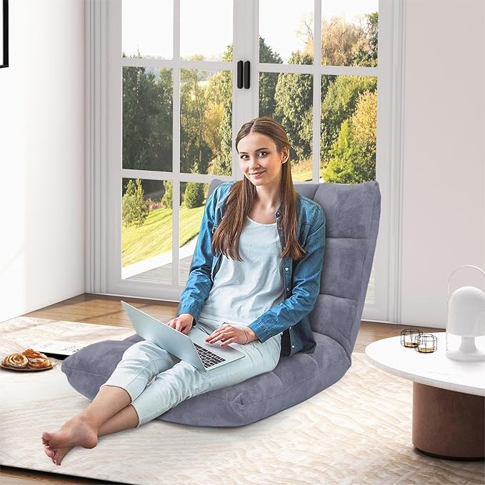 Folding Floor Chair w/Back Support, 14-Position Adjustable Lazy Sofa Chair w/Coral Velvet Fabric & Alloy Steel Frame, Portable Meditation Chair for Reading, Gaming,Sleeping (Grey)