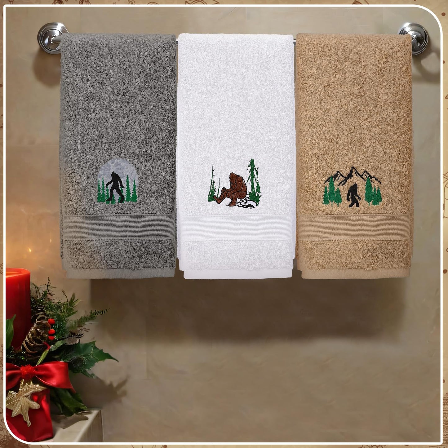 FuWeave 3 Pcs Bigfoot Hand Towels Funny Big Foot Sasquatch Gifts Forest Mountain Embroidered Decorative Bathroom Towels for Bathroom Kitchen Decor, 100% Cotton, 13.3 x 29.5''