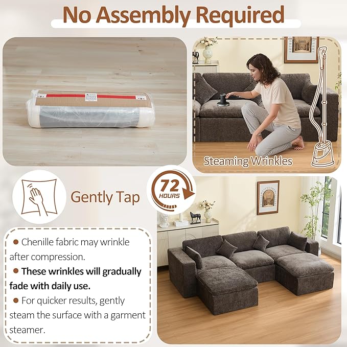 115'' Cloud Boneless Sectional Couch, Modular Sectional Sofa Deep Seat with 2 Ottomans, Oversized Upholstered Convertible Comfy 5 Seater Chenille Sofa U Shape Couches for Living Room, Brown