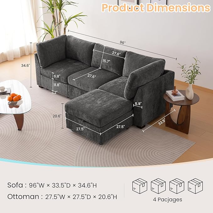 TEKAMON 96" Modular Sectional Sofa,Large Comfy Cloud Deep Seat, Reversible Chaise Modular Sectional Couches for Living Room and Apartmenr,Grey 3staer