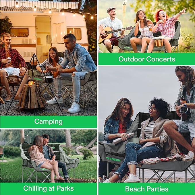 VIVOSUN Double Camping Chair, Fully Padded Folding Loveseat, Oversized Duo Chair with Cup & Wine Glass Holders, Pocket, Armrests & Carry Bag