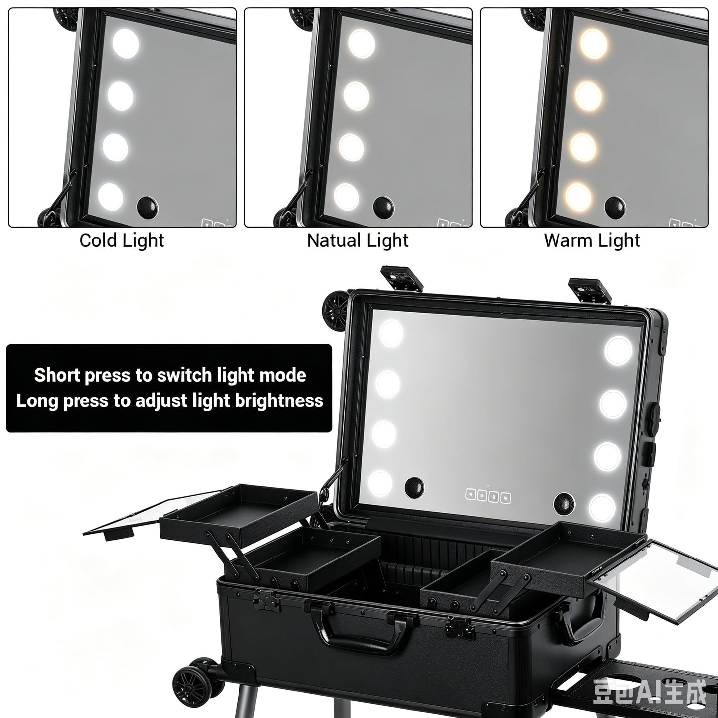 Aiborke Rolling Makeup Train Case with Lighted Mirror and Bluetooth Speaker Professional Cosmetic Organizer Case with Wheels, Stands Portable Makup Station Vanity for Travel (Standard Black, Small)