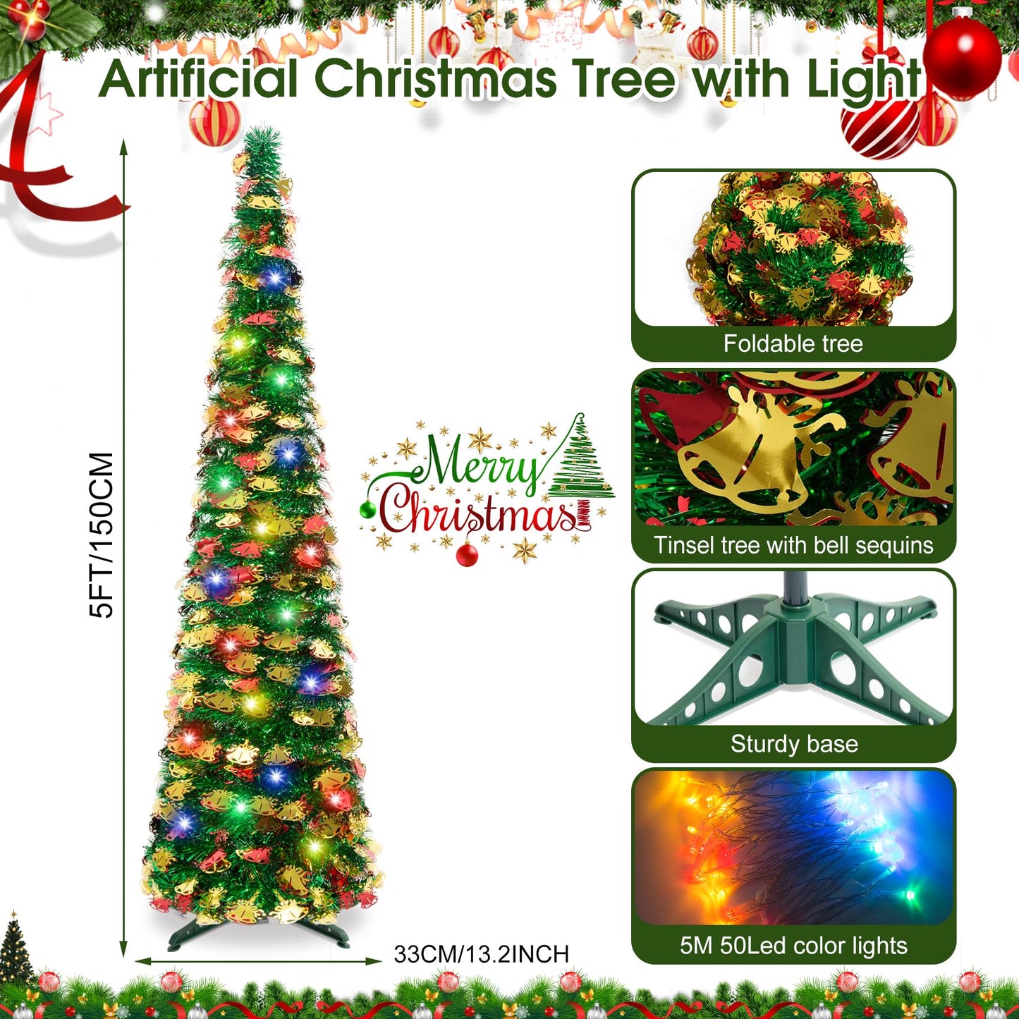 5Ft Pop Up Christmas Tree with Lights, Collapsible Pencil Tree Green Gold, Skinny Christmas Tree Slim Xmas Tree, Artificial Tinsel Tree Foldable for Home Apartment Holiday Party Winter Decor