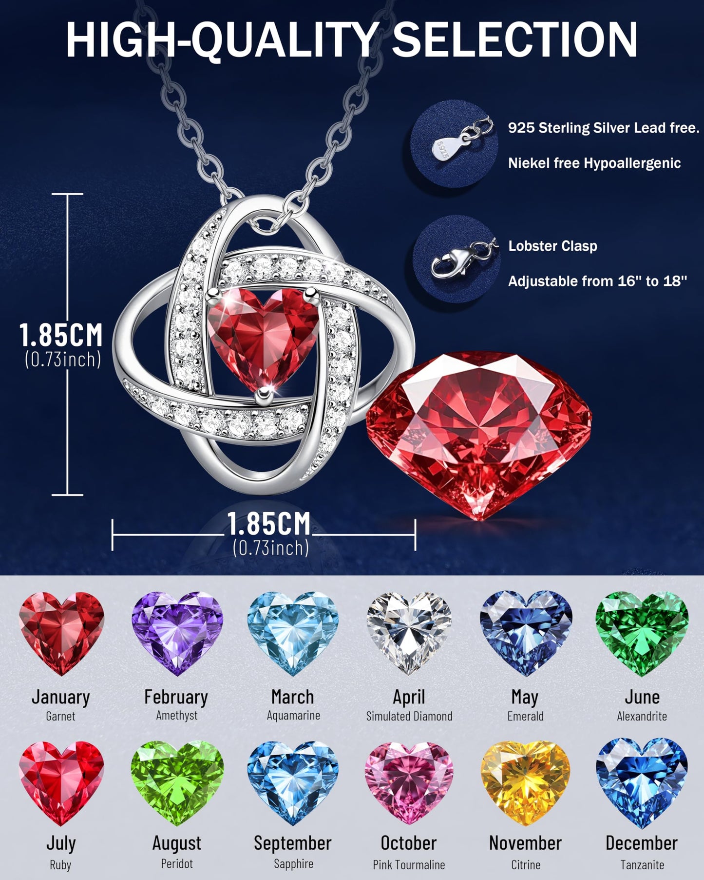 Blahanna Birthday Gift for Women Birthstone Necklace - S925 Sterling Silver Moissanite Pendant, Valentines/Mother's Day Gift, Infinity Knot Heart September