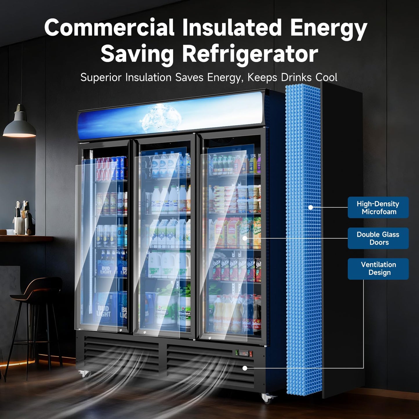 Cintva Commercial Beverage Refrigerator 56 Cu Ft, Commercial Display Fridge with Glass Door, Upright Merchandiser Refrigerator Cooler with Front LED Light for Stores, Restaurant, Office
