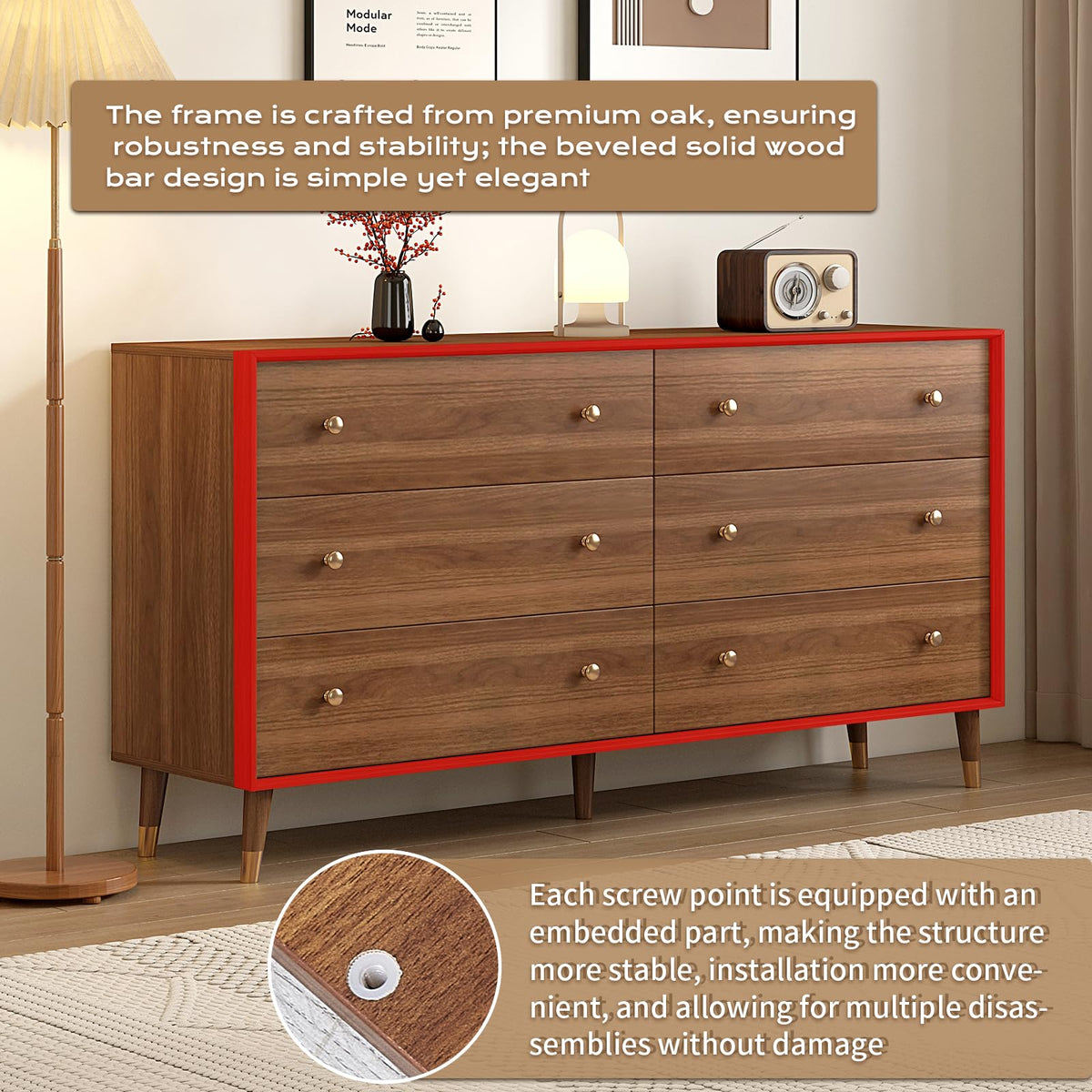 Messenya Mid Century Modern 6-Drawer Dresser, 55 Inch Wide Solid Wood Frame Chest, Walnut Finish, Beveled Design, Heavy-Duty Drawer Glides, Storage Cabinet for Bedroom, Living Room, TV Stand