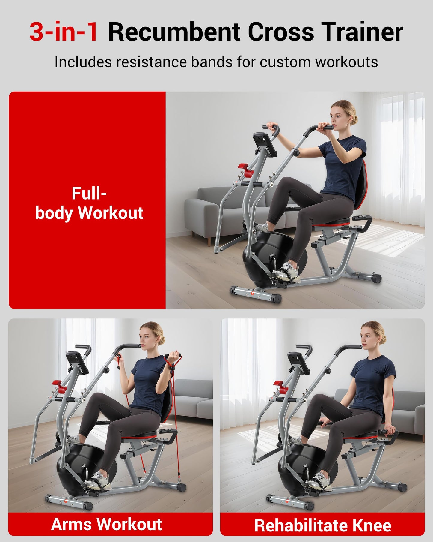 ECHANFIT Recumbent Exercise Bike with Arm Exerciser for Home - Elliptical Recumbent Cross Trainer with Backlit Display, Pulse Sensor, 8-Level Magnetic Resistance, 380LBS Weight Capacity