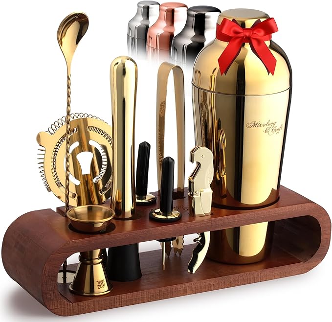 Mixology & Craft Cocktail Shaker Set with Dark Bamboo Stand - Professional 10-Piece Bartender Kit - Complete Bar Set & Coc...