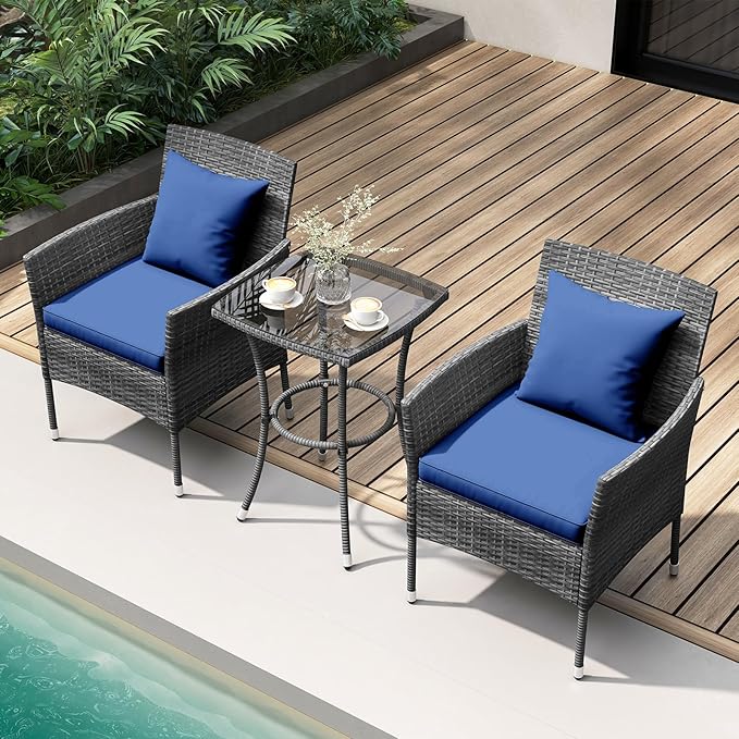 KOTEK 3 Pieces Patio Furniture Set, PE Rattan Outdoor Conversation Set with Tempered Glass Table & Soft Cushions, Wicker Bistro Set for Garden, Porch, Balcony (Navy)