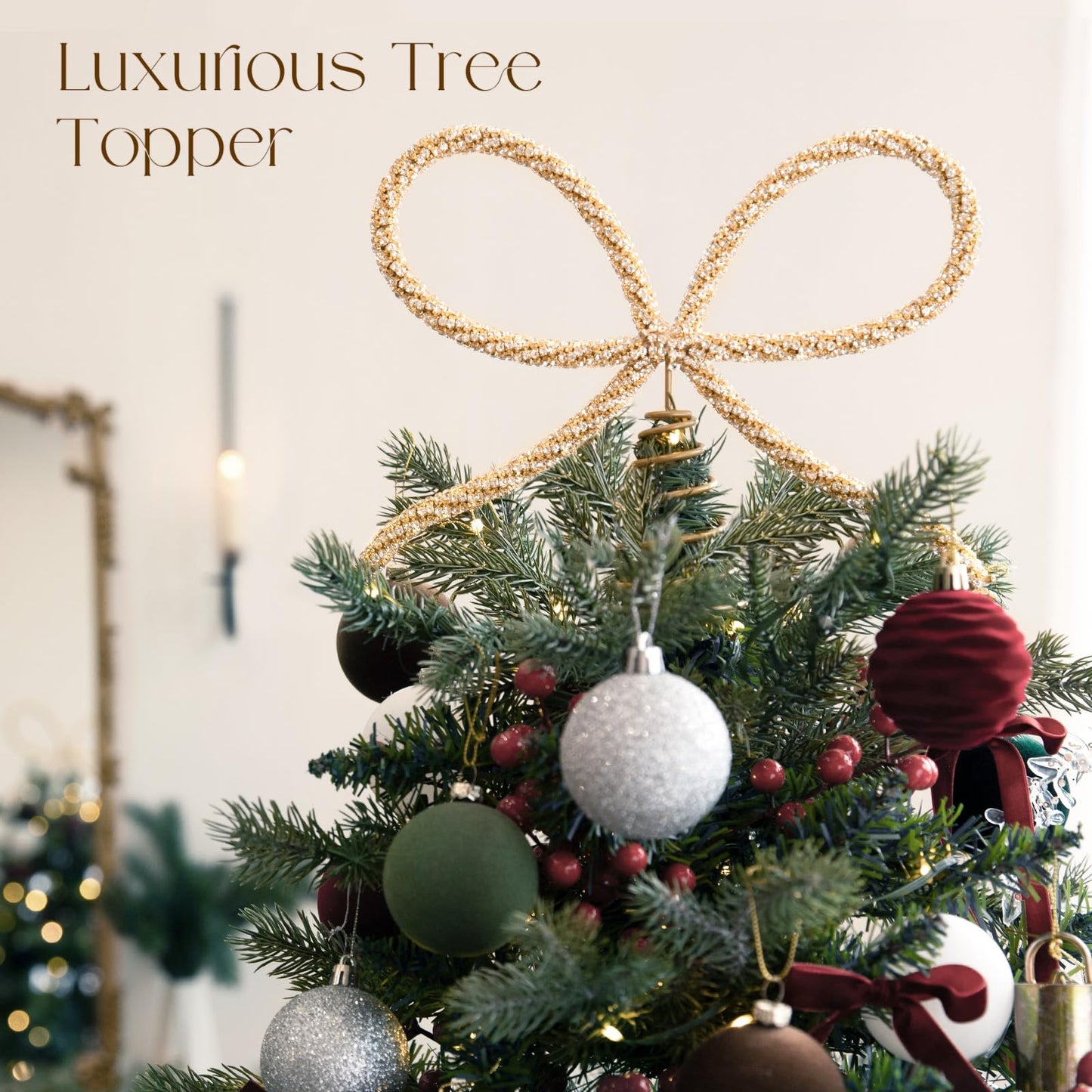 Christmas Decorations - Christmas Decor - Gold Glass Rhinestone Bow Tree Topper - Xmas Holiday Tree Top Decoration for Indoor Outdoor Home Room Party