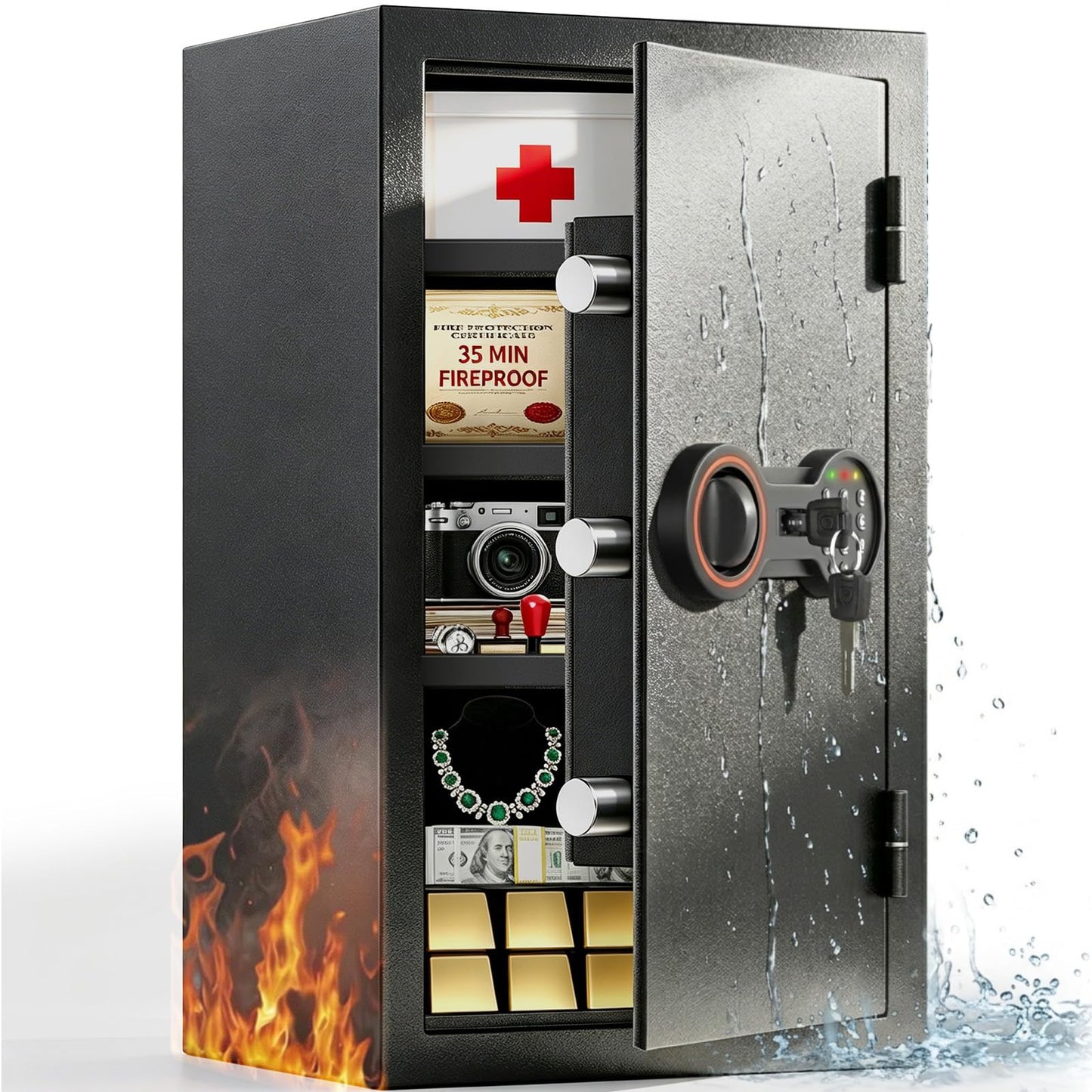 2026 35-Min 1700°F Fire Proof Safe for Home Documents, 23.7" Tall 43Lbs Fireproof Safe Box, Alarm System, LED Light, Wall Mount Fire Safe for Closet Bedroom, Safes for Home Use Fire Waterproof