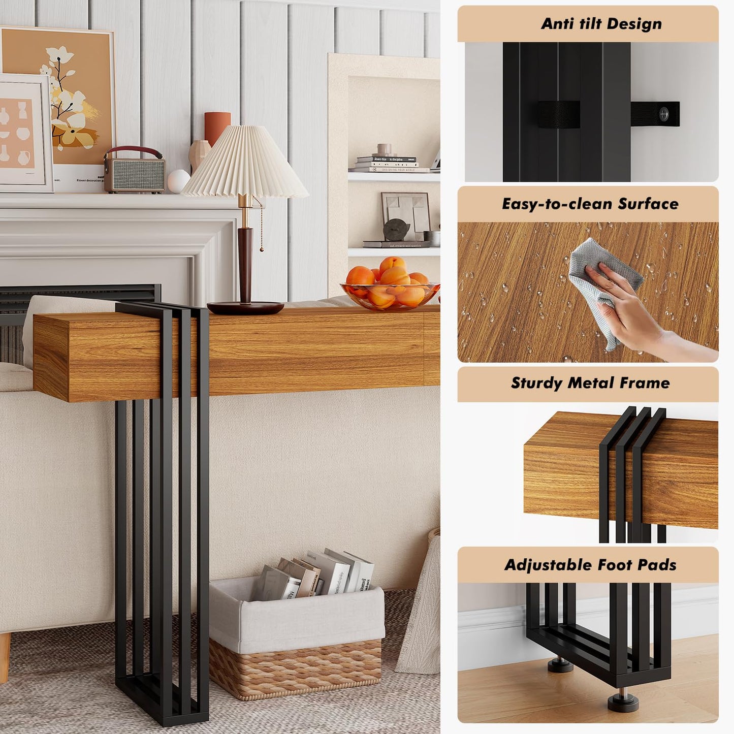 knoworld 63 Inch Long Console Table, Industrial Sofa Table Behind The Couch Rectangular Entryway Table for Entrance Hallway Living Room, Brown