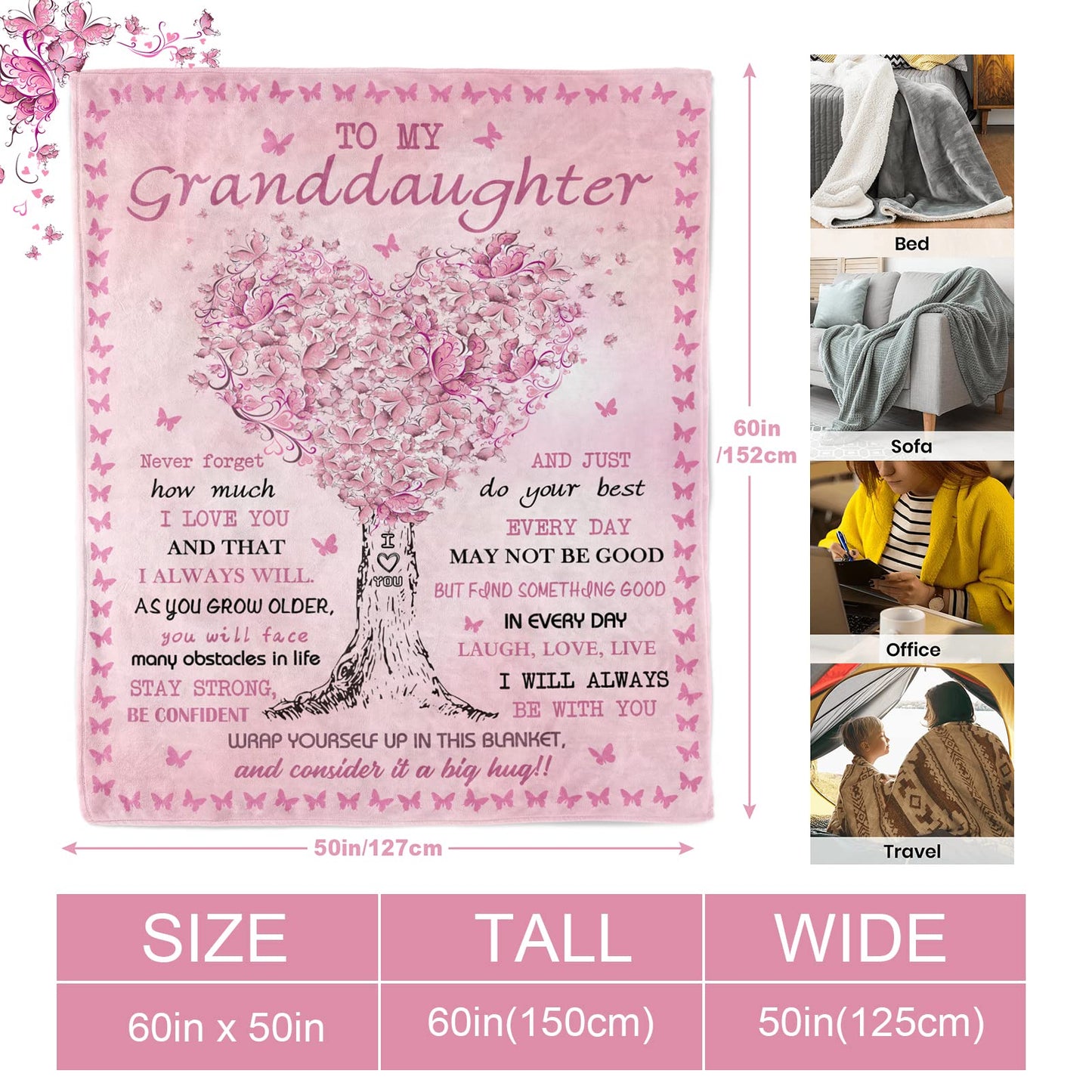 Quilazy Granddaughter Gifts from Grandma Blanket, Gift for Granddaughter, Christmas/Valentines/Mothers Day/Graduation/Birthday Gifts for Granddaughters Girls, to My Granddaughters Blanket 60" X 50"