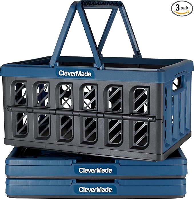 CleverMade Collapsible Shopping Basket, Ocean, 3PK - 24L (6 Gal) Reusable Plastic Grocery Shopping Baskets, Holds 25lbs Pe...