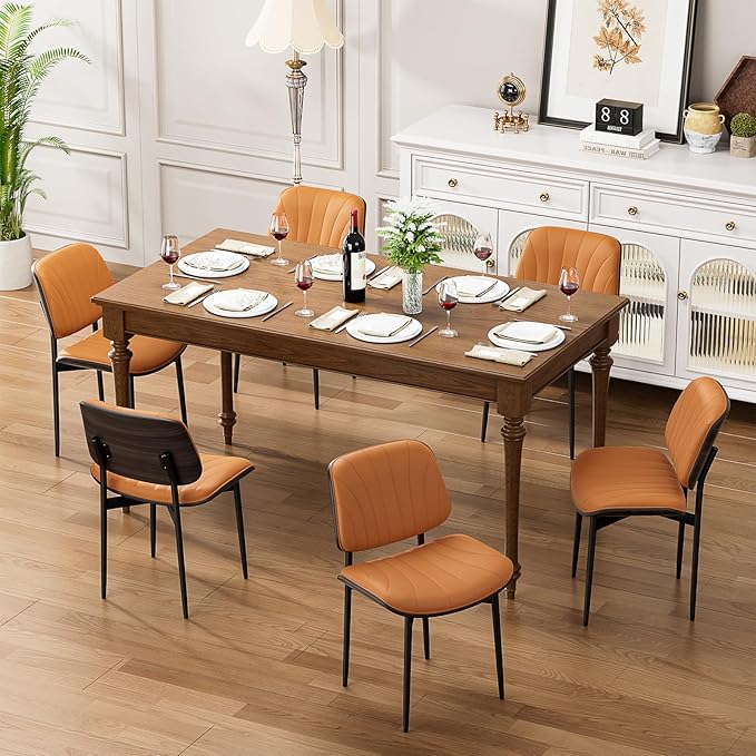 YaFiti Dining Chairs Set of 4, Mid Century Modern Dining Room and Kitchen Chairs, Upholstered PU Leather Chairs with Walnut Bentwood and Metal Legs, Orange