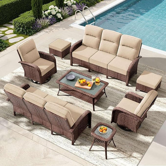 8-Piece Patio Furniture Set with 6-Inch Thick Cushions, High Back Outdoor Couch and Swivel Rocker Chairs, All-Weather Conversation Set for Porch, Deck, Yard, Pool in Beige