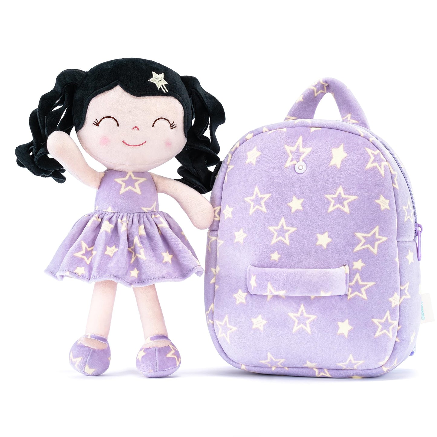 Gloveleya Toddler Backpacks Baby Girl Gifts Curly Hair Plush Figures Dress Backpack Kids Backpack Curly Hair Spring Girl - Black Head Purple Star 9inches