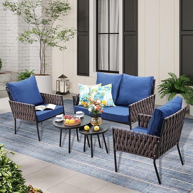 SunloungeCo Patio Furniture Set, 5-Piece Wider Outdoor Metal Seating Sofa with High Back & Lovsest, Coffee Ta ble, All Weather Rattan Conversation for Garden,Backyard, Poolside-Navy