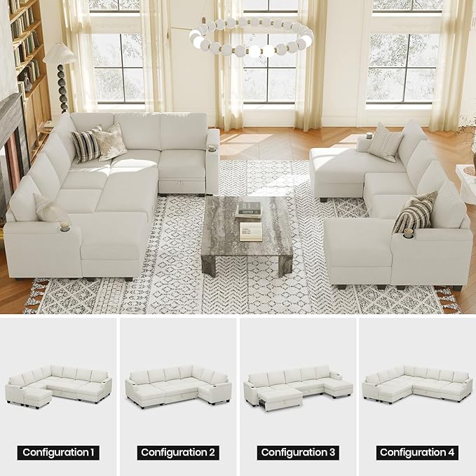 Belffin Modular Sectional Sofa with Pull Out Couch Bed Sectional Couch Convertible Sleeper Sofa with Cup Holder. White