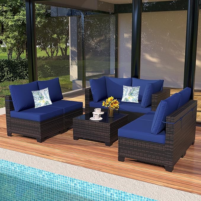 Ophelian 7 Pieces Outdoor Conversation Sectional Rattan Sofa, Patio Furniture Set, with Wicker and Cushions for Garden and Backyard, (Brown/Deep Blue)