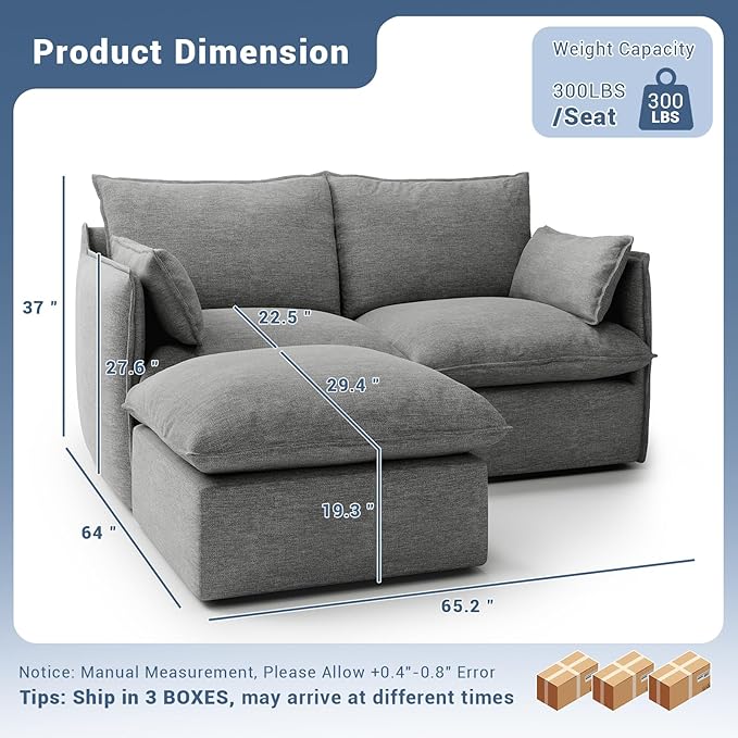 Lopzeho Cloud Modular Sectional Sofa, Waterproof Down Filled Sectional Sofa, High Backrest Loveseat Couch with Ottoman, Modern Modular Couch with Removable Cover, Dark Gray