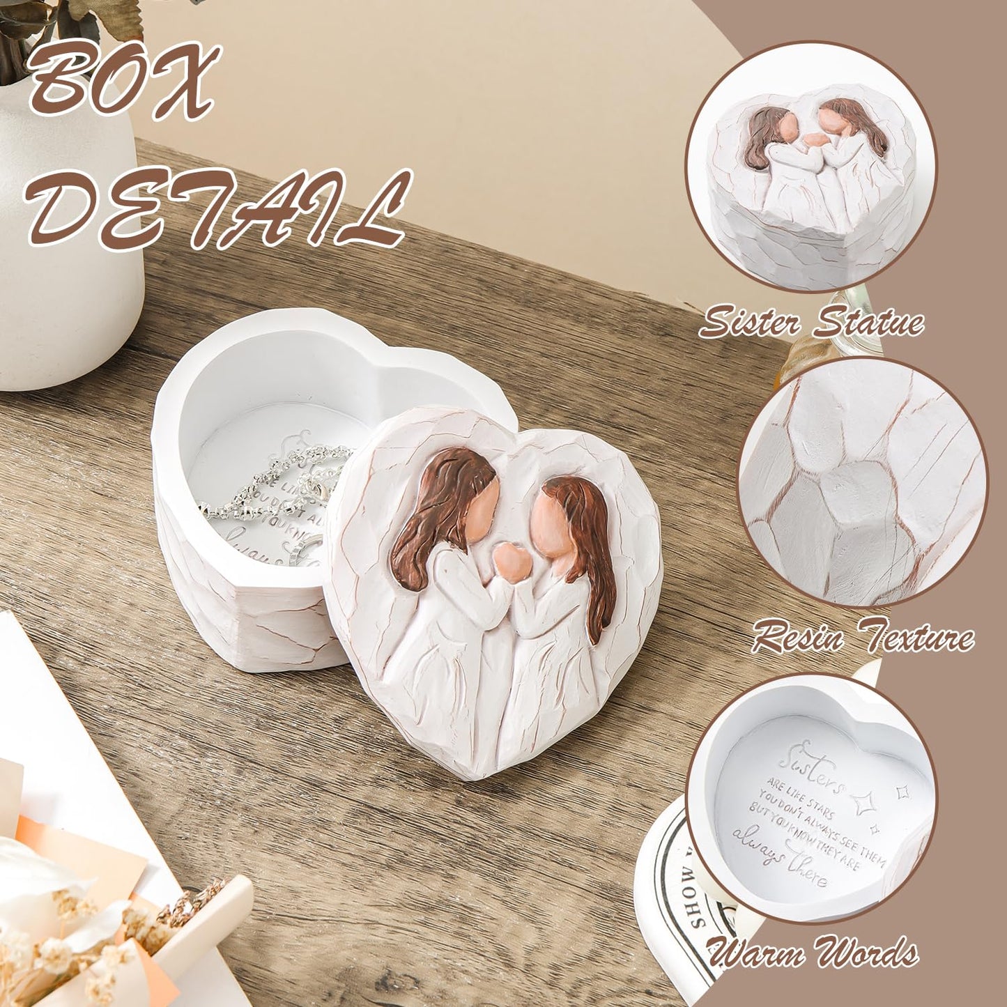 Sister Birthday Gifts, Sisters Gifts from Sister - Sister Figurines Small Keepsake Box - 3D Hand-Painted Sculpted Mothers Day Christmas Gifts for Sister in law, Soul Sister by Heart Decorative Boxes