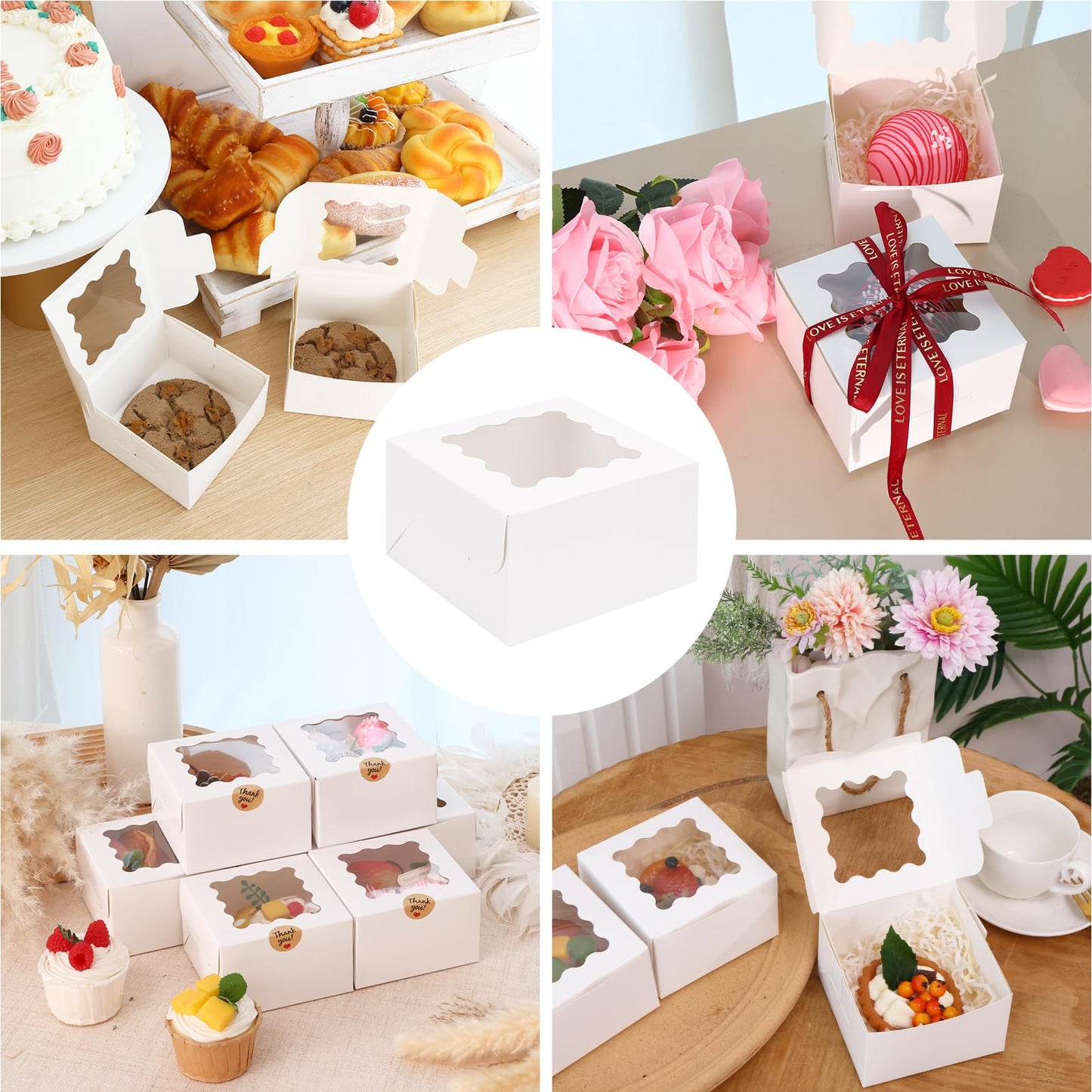 Moretoes Bakery Boxes with Window, 24pcs 4x4x2.5 Inches Bakery Boxes with Stickers for Small Cookies, Treats, Desserts, Chocolate Covered Strawberries, Mini Cake