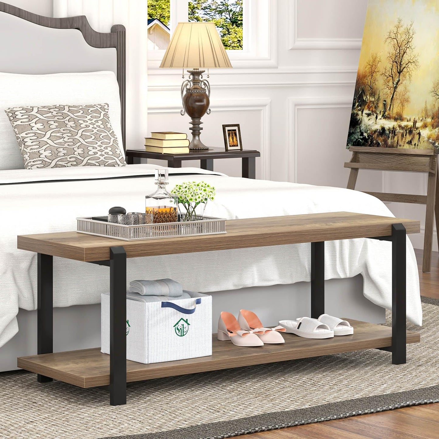 FOLUBAN Entryway Bench, Industrial Shoe Storage Bench for Bedroom Living Room, Modern Indoor Bench Seat for Hallway Front Door Entrance, Easy Assembly, Oak 47 inch