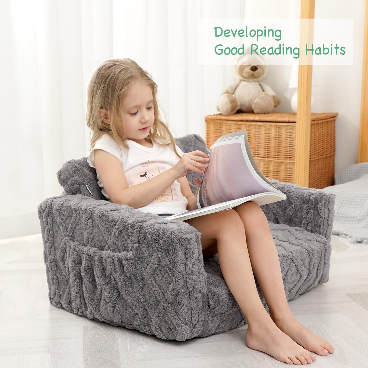 MallSingel Toddler Couch for Kids – 2-in-1 Fold Out Sofa and Lounger, Soft Flannel Convertible Chair, Flip Open Kids Couch (Grey)