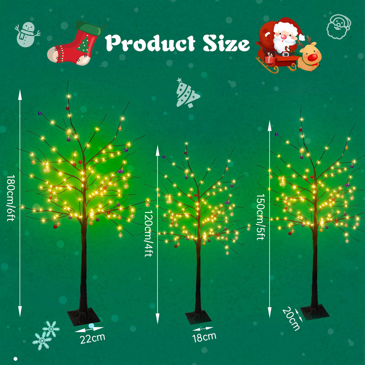 Set of 3 Birch Tree with LED Lights, 4FT 5FT 6FT Prelit Christmas Tree, Lighted Black Artificial Tree for Indoor Outdoor, Thanksgiving Christmas Seasonal Holiday Decoration
