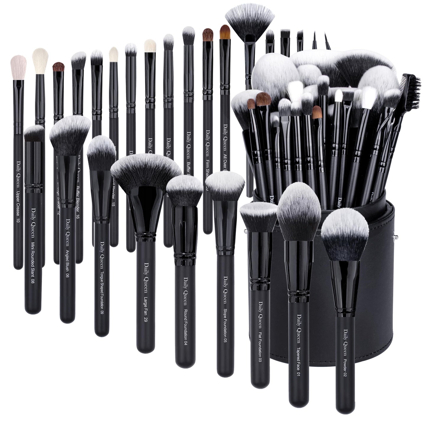 Daily Queen 29pcs Black Professional Makeup Brush Set Kabuki Powder Concealers Eye shadows Blush Eyeliner Eyebrow Contour Eye blending Brushes (29pcs brush+black barrel)
