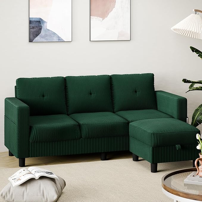 Shintenchi 76" Modern Upholstered Sectional Sofa, L-Shaped Couch with Storage Ottoman and Reversible Chaise for Living Room, Green Linen Fabric