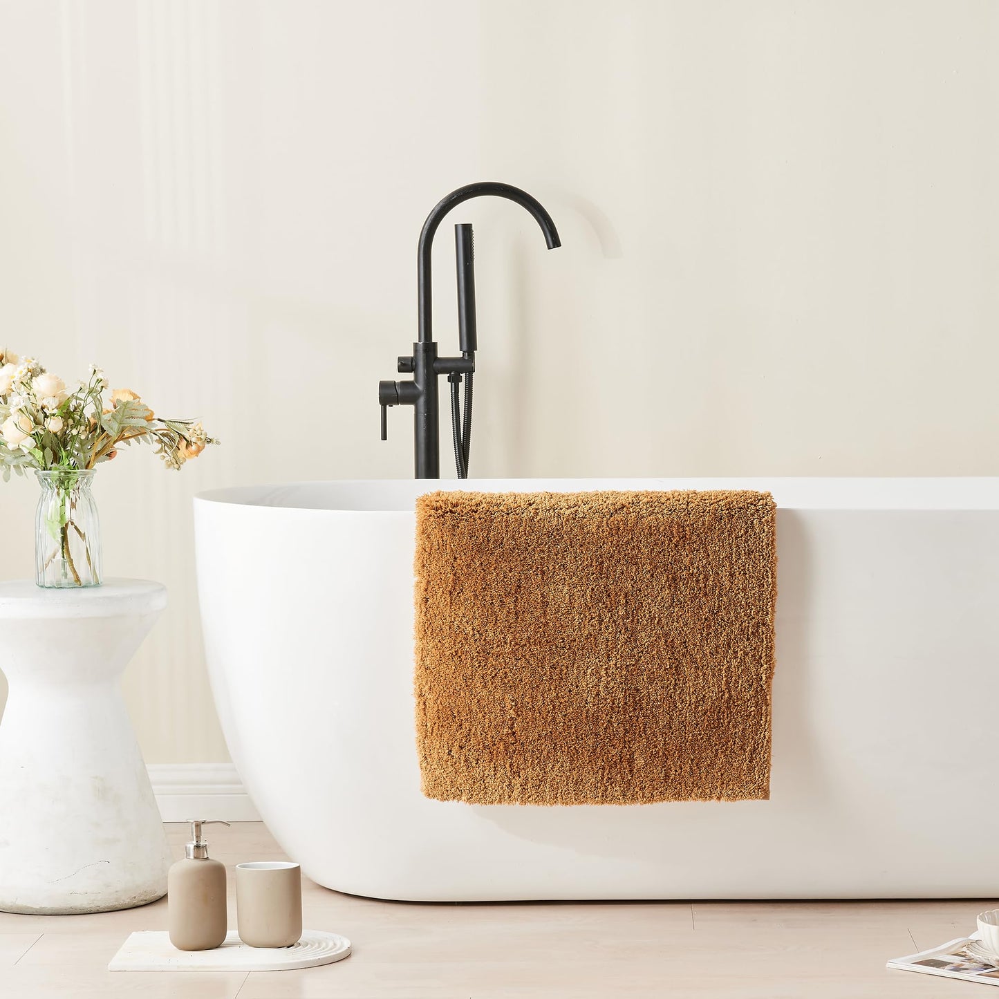 CozeCube Upgraded Shaggy Bath mat for Bathroom Non Slip 15.7" X 23.6", Super Soft Quick Dry Bath Rugs, Fluffy Plush Bathroom Rugs Machine Washable, Light Brown