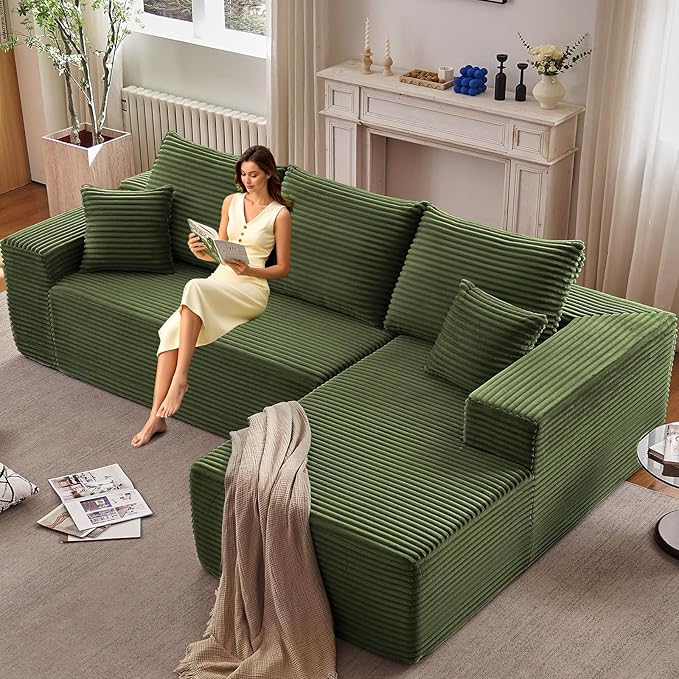 107" W Cloud Sectional Couch with L-Shape Chaise, Modern Corduroy Boneless Couch for Living Room,Memory Foam Sofa with Deep Seat,No Assembly Required (Green,Right-Facing Chaise)