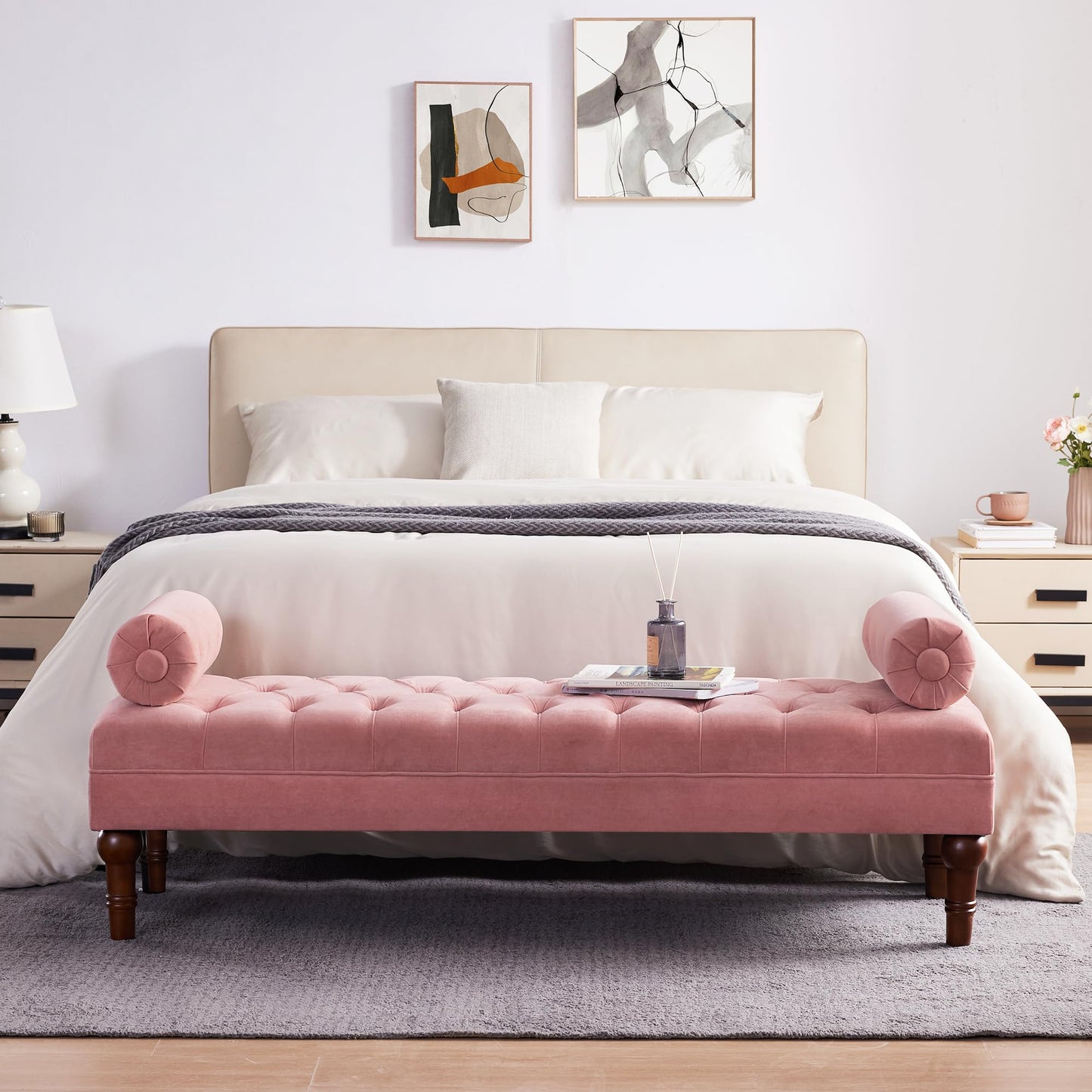 Batohom 60.2" End of Bed Bench,Large Size Bedroom Bench,Upholstered Window Bench with Button-Tufted,Entryway Bench,Storage Bench for Living Room(Pink)