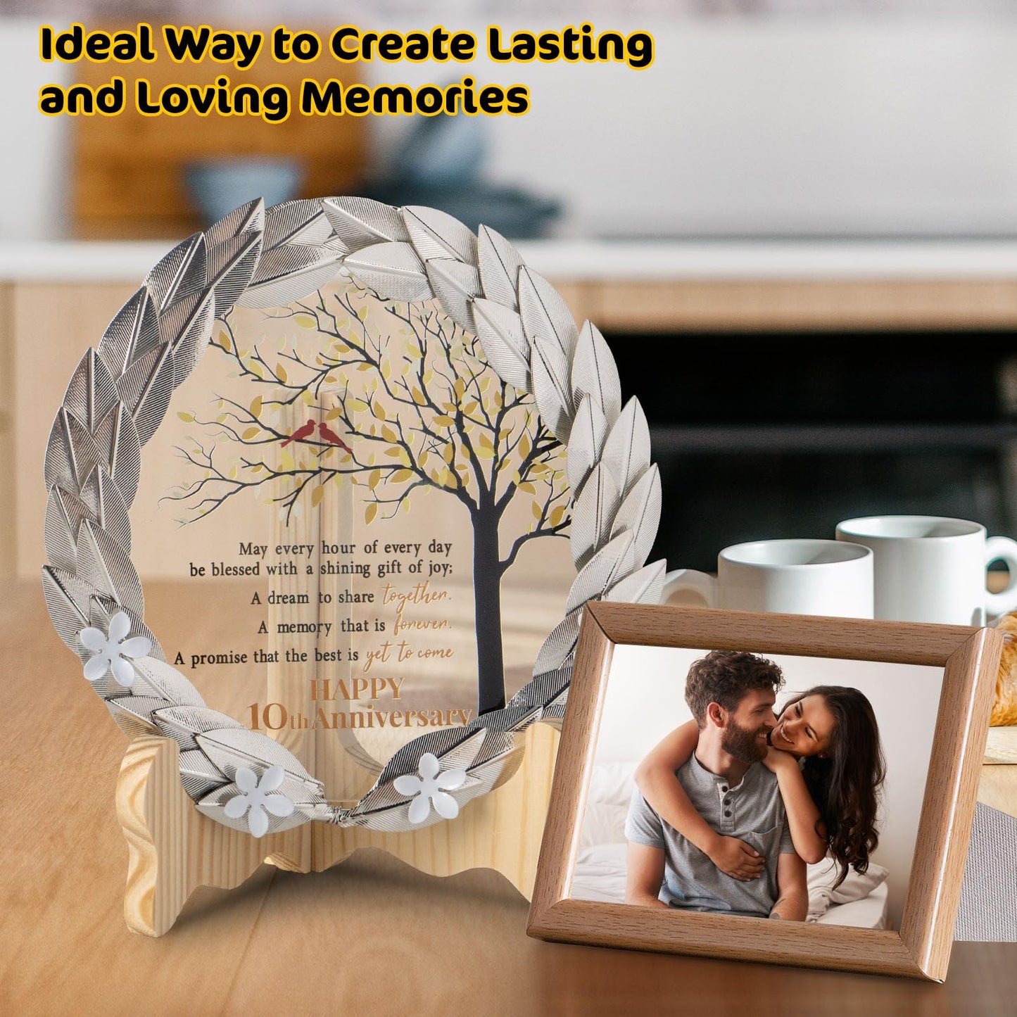 10th Anniversary Wedding Gifts Crystal Plate with Tin Leaf Wreath - 10 Years Anniversary Wedding Unique Gifts Ideas for Parents Couple - Cardinal Style