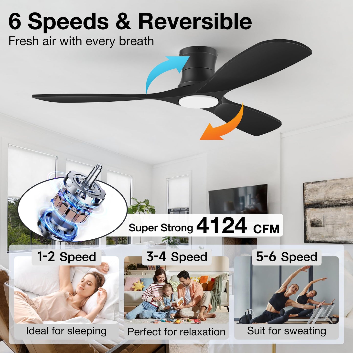 52” Smart Low Profile Ceiling Fans with Lights Remote,Wood Flush Mount Modern Ceiling Fan for Bedroom Living Room Patio,WIFI Alexa App Control,Outdoor Indoor Use,Matte Black,Ultra-Quiet,Dimmable LED