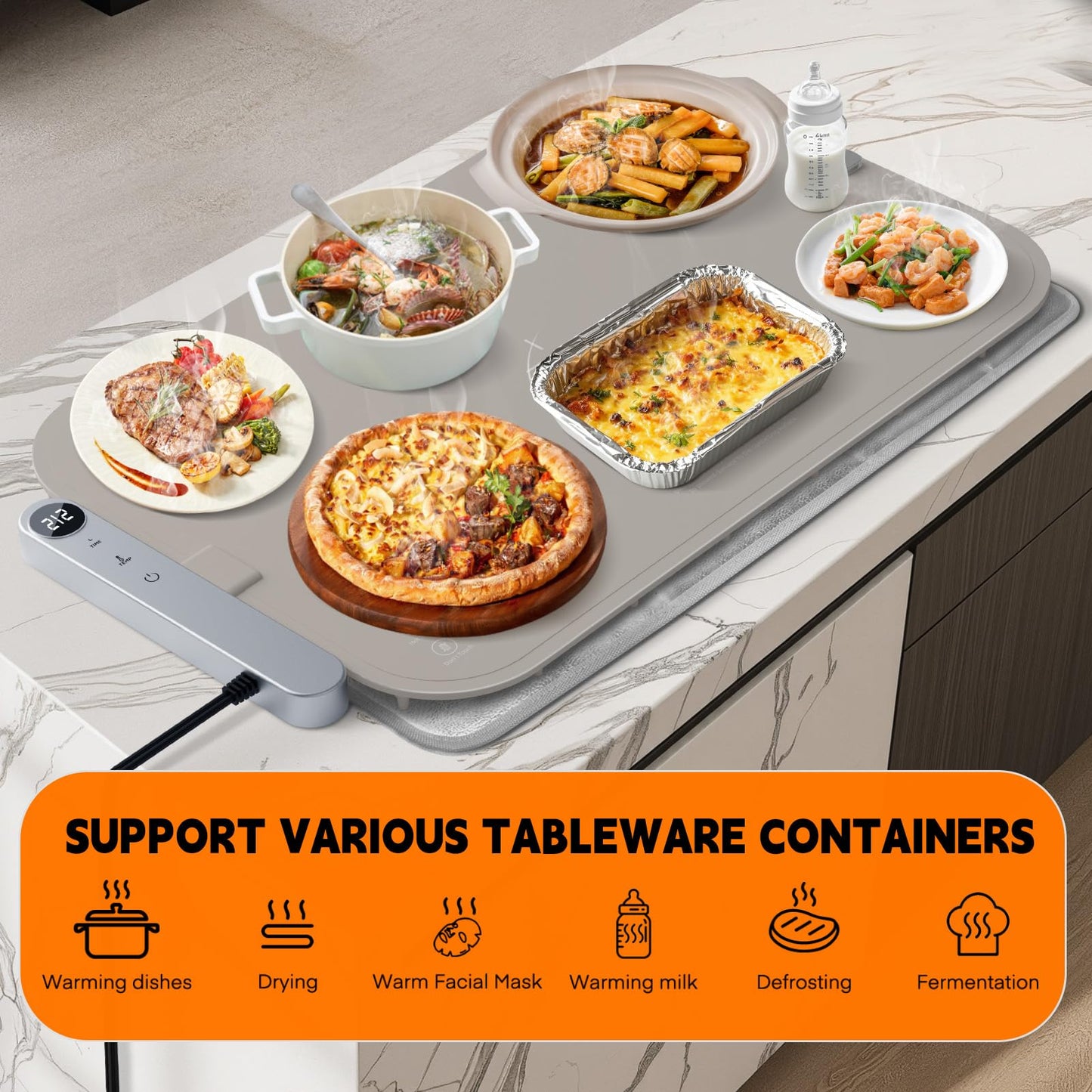 Homelove Warming Mat for Food - Electric Warming Tray with 6-Level Temperature and Hours Setting, Full Surface Graphene Heating, Waterproof Dishwasher-Friendly Food Warmer for Parties, Kitchen (Khaki)