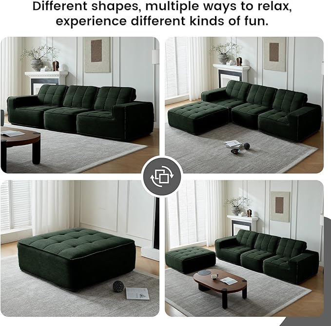 108" Boneless sectional Couch for Living Room,Convertible L-Shape Fleece Couches with Ottoman, Cloud Modular Sofa with Deep Seat for Bedroom, No Assembly,Green