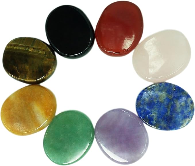 Mina Heal Chakra Stones 8 PCS Kit, Oval Shape, Tumbled & Polished, for Use in Grounding Balancing Soothing Meditation Reiki or as Worry Stones, Hot Spa Rock & Massage