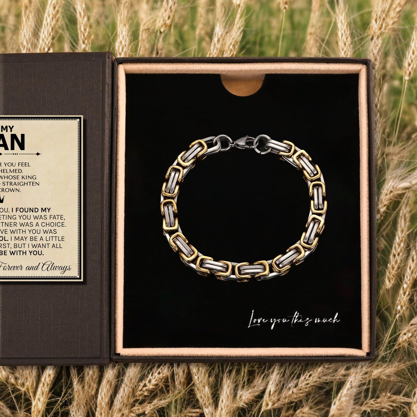 Love You This Much To My Man Straighten Your Crown Gift for Him | 5mm Twist Steel Bracelet | 8" + 1" Extender | I Love You Gifts for Him | Luxury Gift Box & Card (Silver-Gold)