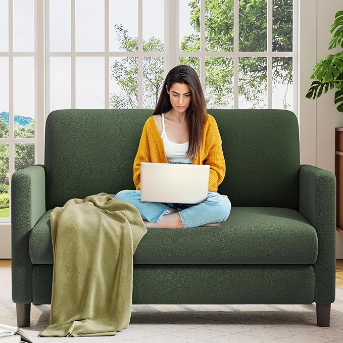 Welzona Loveseat Sofa, 51" Love Seat, Comfy Teddy Small Loveseat for Small Spaces, Tool-Free Setup Couch for Bedroom, All-Wood Couches for Living Room, No Pillow Included, Green