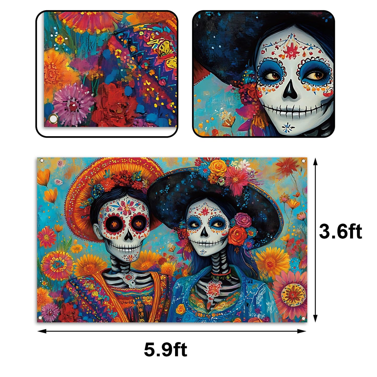 Buxiuer Day of The Dead Photo Booth Backdrop Día De Los Muertos Decorations Mexican Sugar Skull Marigold Bulletin Board Wall Decor